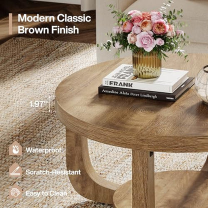 Tribesigns Round Coffee Table, 2-Tier Circle Coffee Table with Storage, Modern Wooden Accent Center Table for Living Room, Thick Tabletop & Base (Rustic Oak) - color: Rustic Oak