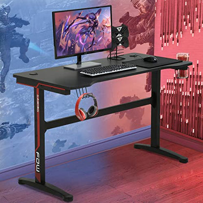 Dkelincs 47 Inch Gaming Desk T-Shaped Computer Desk PC Computer Table Home Office Desk Ergonomic Gamer Workstation with Headphone Hook and Cup Holder, Red - color: Red, size: 47.2 Inch