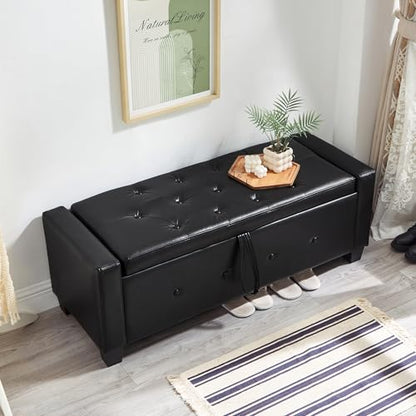 Storage Bench, 48‘’ Upholstered PU Leather Ottoman Bench with Button-Tufted, Folding Bedroom Bench with Wood Legs, Entryway Bench for Bedroom, Black - color: Black