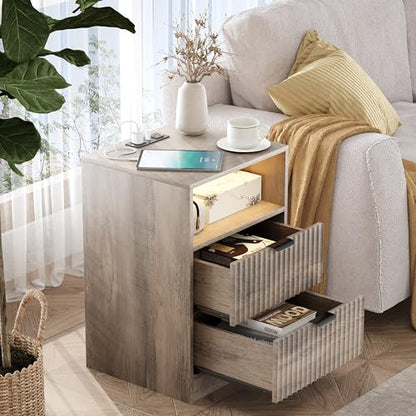 Fluted Nightstand Set of 2, LED Nightstand with Charging Station, Wood Nightstands with 2 Drawers & Metal Handles, Modern Bedside Table & End Tables, Farmhouse Night Stands for Bedroom, Grey - color: Grey, style: LED 2 Drawers-2 PCS