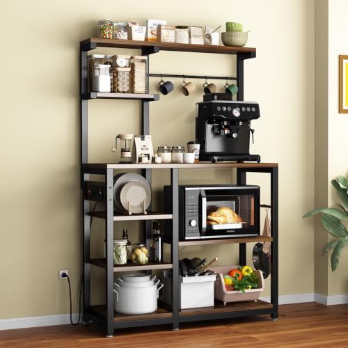 Large Bakers Rack with Power Outlet, Coffee Bar & Microwave Stand | Bakers Rack with Power Outlet, Coffee Bar Station & Microwave Cart, Metal Kitchen Storage Shelf with Wheels - color: Rustic Brown