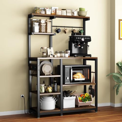 Large Bakers Rack with Power Outlet, Coffee Bar & Microwave Stand | Bakers Rack with Power Outlet, Coffee Bar Station & Microwave Cart, Metal Kitchen Storage Shelf with Wheels - color: Rustic Brown