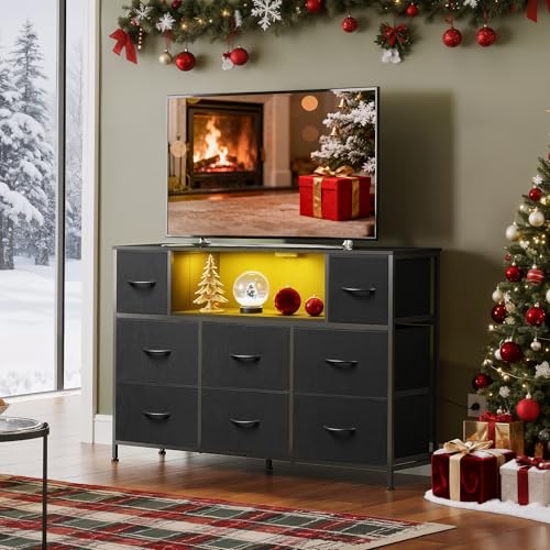 WLIVE LED Dresser TV Stand for 55 Inch TV, 8 Drawers, Black | Fits TVs up to 55 inch, 8 fabric drawers, LED chest of drawers, Built-in power outlet, Living room or bedroom - color: Black