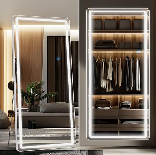 Antok LED Full Length Mirror with Light, 76"x34" Lighted Full Body Mirror with Stand, Dimmable & 3 Color Lighting Standing/Leaning/Wall Mounted Vanity Mirror for Bedroom Cloakroom Livingroom(Rect) - size: 76"L x 34"W, style: Rect Style
