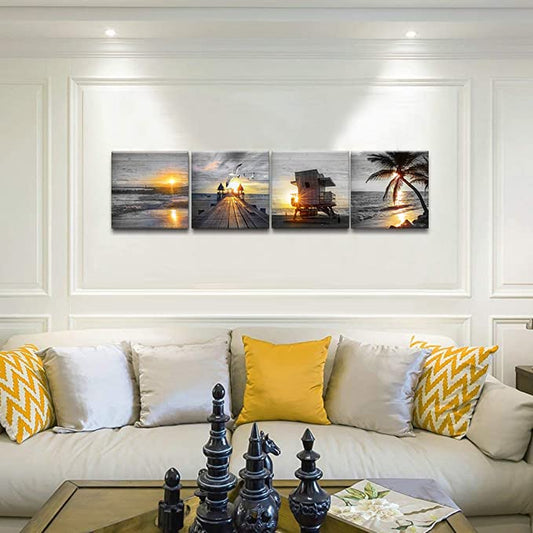 Yxbhhym- Bathroom Wall Art Black and White Gold Beach Wall Art Ocean Canvas Print Sunrise Sunset Seascape Scenery Painting Poster Framed Picture Bedroom Wall Decor Living Room Office Wall Decoration - color: black white bech G, size: 12"L x 12"W x 4 pcs
