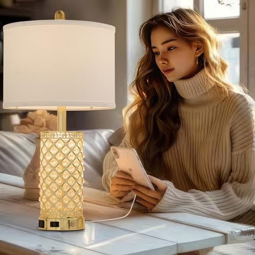 SAIWEYA 24in Crystal Table Lamp Set of 2 Bedroom Lamps for Night Stand | 3-Way Dimmable Touch with Night Ligh, 2 USB Ports + AC Outlet, White Fabric Shade, LED Bulb Included - color: Gold-2 Pack 24In