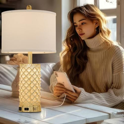 SAIWEYA 24in Crystal Table Lamp Set of 2 Bedroom Lamps for Night Stand | 3-Way Dimmable Touch with Night Ligh, 2 USB Ports + AC Outlet, White Fabric Shade, LED Bulb Included - color: Gold-2 Pack 24In