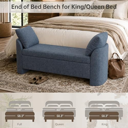 Usaint 58.3" Upholstered Storage Ottoman Bench with 2 Throw Pillows, Blue | End of Bed Bench with Curved Arms and Thickened Seat Cushion for Bedroom, Livingroom, Window, Entryway and Dressing Areas - color: Blue