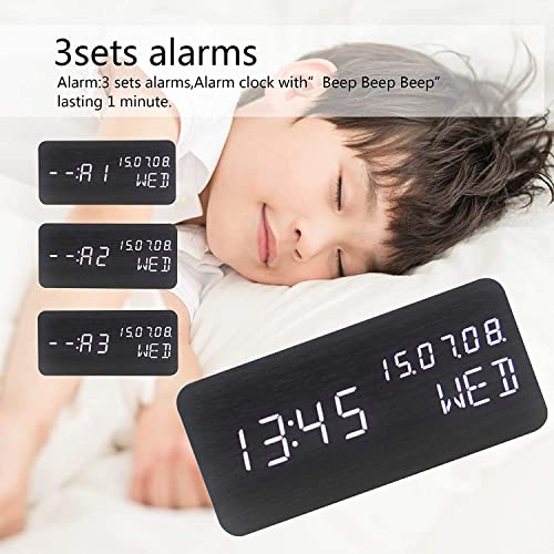Wood Digital Alarm Clock Desk Time, Date(MM/DD/YY), Day of The Week, Temperature, Nightlight Large LED Display Portable Lamp Bedroom, Office, School, Home, Livingroom, Room (Black) - color: Black