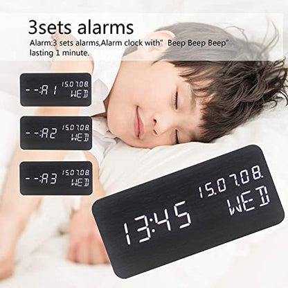 Wood Digital Alarm Clock Desk Time, Date(MM/DD/YY), Day of The Week, Temperature, Nightlight Large LED Display Portable Lamp Bedroom, Office, School, Home, Livingroom, Room (Black) - color: Black