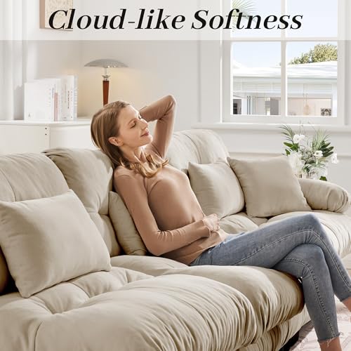 Modular Sectional Sofa for Living Room,173" L-Shaped Comfy Couch with Ottoman, Oversized 4 Seater Beige Sectional Couches with Pillows, Fluffy Couch Set with Deep Seat - color: Chenille Beige, size: 4-Seat & 1-Ottoman