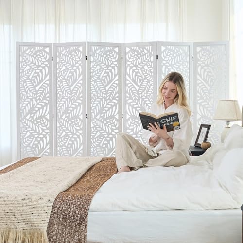 Leaf-Carved Room Divider Privacy Screen - 67 Inch Tall Foading Decorative Wood Screen Dividers Panel for Home - Natural Wood Room Partitions for Enhanced Privacy and Style White 6 Panel - color: White, size: 6 Panels