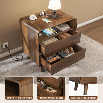 Nasonet Mid Century Modern Nightstand with Charging Station, Wood Bedroom End Tables Set of 2 Nightstands with Drawers, Bedside Table for Living Room, Curved Profile Design, Walnut - color: Walnut, size: 2 Drawers