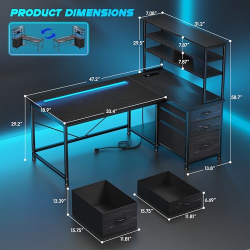 DurayLoly L Shaped Gaming Desk with 3 Fabric Drawers & Shelves for Storage | Reversible Computer Desk with LED Lights, Power Outlet and PC Stand of Home Office Desk for Bedroom,Dorm,Gaming Room,Black - color: Black, size: 18.9"D x 47.2"W x 59"H