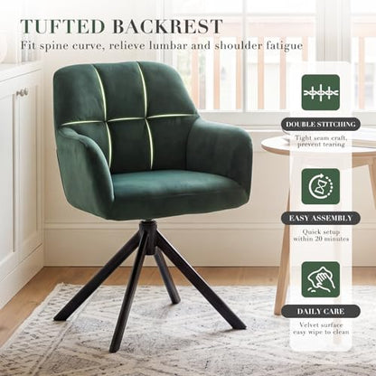 EALSON Comfy Velvet Desk Chair Modern Computer Task Chair no Wheels Swivel Accent Chair with Mid Back Arm Chair for Living Room/Bedroom/Home Office(Green) - color: Dark Green