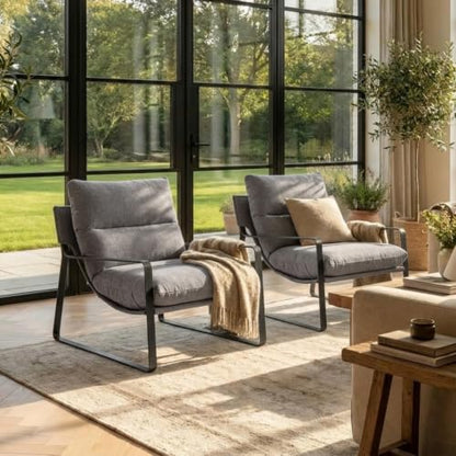 Set of 2 Modern Accent Chair, Linen Living Room Chair, Grey | Comfy Armchairs, Upholstered Lounge Armchair, Removable Seat Cushion, Black Metal Frame, For Reading Room, Bedroom, Balcony - color: Grey, size: 2PCS