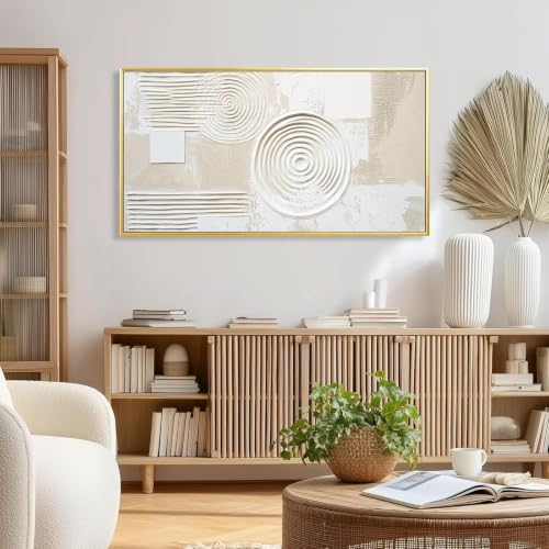 Large Minimalist Boho Wall Art Framed with Hooks, Round Rectangular Art for Living Room Bedroom 30"x60" - color: Geometric Art White, size: 147L x 73W cm