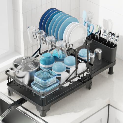 Large Expandable 2 Tier Dish Drying Rack for Kitchen Counter, Black | Extendable Design, 360° Rotating Drain Spout, Stable Screw-Fixed Frame, Rust-Resistant, Cup & Utensil Holder, Tool-Free Setup - color: Black, size: Countertop Expandable (12.6"w X 18.7"