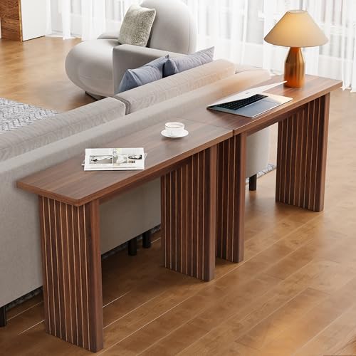 Mid Century Narrow Entryway Console Table, 43.3" Fluted Wood Couch Table Behind Sofa Long and Skinny for Living Room Hallway Entrance Foyer, Walnut - color: Walnut