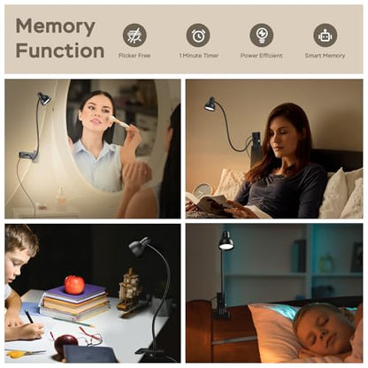 LiFMIRA Clip-on Reading Light - 3 Color Modes, 10 Dimmable Brightness,Black | Eye Care Clamp Desk Lamp with Flexible Gooseneck for Reading in Bed, Desk, Headboard, Computer - color: Black