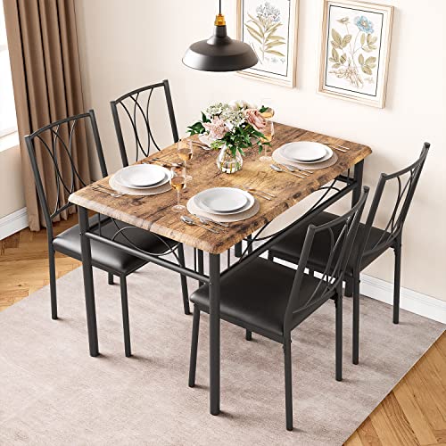 CABIHOME Dining Table Set, 5 Piece Dining Table Set for 4, Rectangle Kitchen Table Set with 4 Upholstered Chairs for Small Space, Apartment, Retro Brown - color: Retro Brown, size: Table with 4 Upholstered Chairs