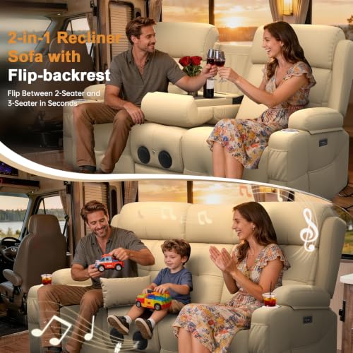 Home Theater Seating, Power Loveseat Recliner Sofa with Massage & Heat | Wall Hugger Reclining Loveseat with USB, RV Couch with LED Lights, Flip Backrest, Cup Holders for Movie Theater, Gaming Room - color: Pebbled Beige White, size: 72" - 2 Seats