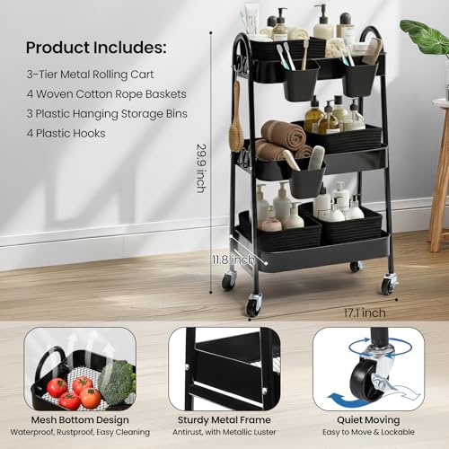 3-Tier Rolling Utility Cart with 4 Woven Baskets, Diaper Book Snack Cart, Storage Organizer for Nursery, Kitchen, Craft Room, Home SPA, Living Room, Metal Frame Trolley on Lockable Wheels, Black - color: Black