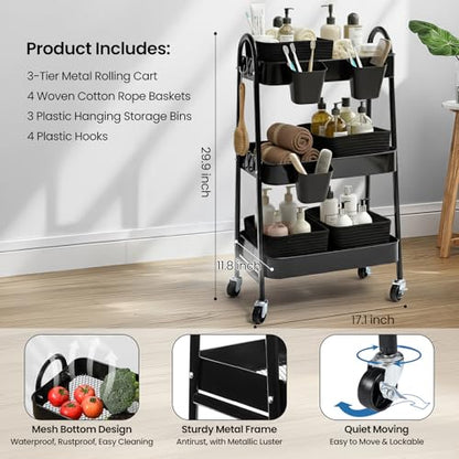 3-Tier Rolling Utility Cart with 4 Woven Baskets, Diaper Book Snack Cart, Storage Organizer for Nursery, Kitchen, Craft Room, Home SPA, Living Room, Metal Frame Trolley on Lockable Wheels, Black - color: Black