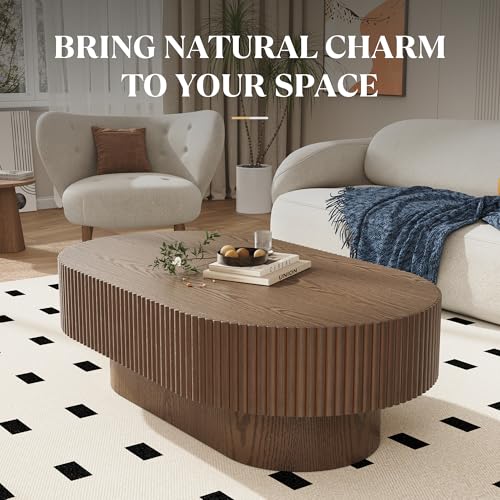 YOUDENOVA 43.7” Oval Coffee Table, Modern Wood Fluted Coffee Table for Living Room, Veneer Handcrafted Relief Center Table with Sturdy Pedestal，Easy Assembly - Walnut - color: 43.7" Brown-oval