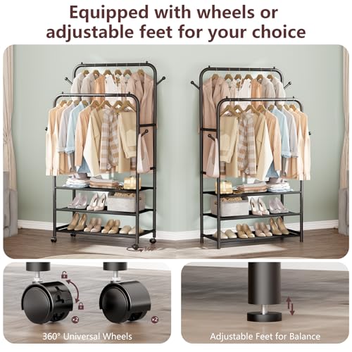 Furologee Clothes Racks for Hanging Clothes, Double Rods Clothing Rack with 3-Tier Storage Shelves, Rolling Garment Wardrobe with Wheels, Portable Free Standing Closet for Bedroom, Laundry Room, Black