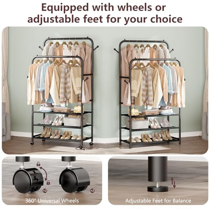 Furologee Clothes Racks for Hanging Clothes, Double Rods Clothing Rack with 3-Tier Storage Shelves, Rolling Garment Wardrobe with Wheels, Portable Free Standing Closet for Bedroom, Laundry Room, Black