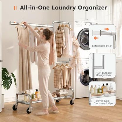 SOLEDI Heavy Duty Partitioned Clothes Rack, 600 LBS Load Metal Garment Rack with Shelves & Lockable Wheels, Rolling Hanging Rack for Bedroom, Laundry Room, Store & Garage (Silver) - color: Silver
