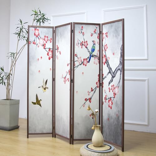 4 Panel Room Divider for Room Separation, 5.6 ft Tall Double Sided Blackout Folding Privacy Screen for Home Office - Freestanding Partition with Magnolia and Plums Scenery (67" H x 63" W) - color: Magnolia and Plums, size: 4 Panel