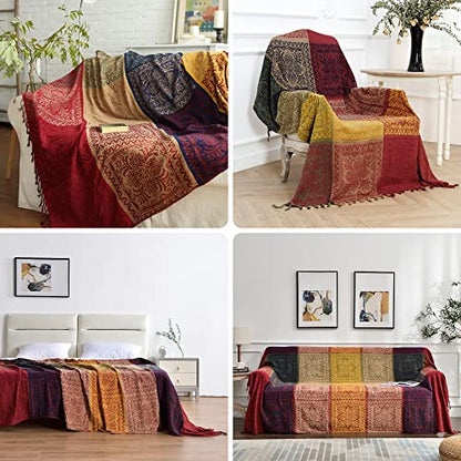Boho Throw Blanket, Chenille Jacquard Tassels Throw Blankets for Bed Couch Soft Chair， Bohemian Fringe Tassels (Red, S:60x75 - color: Red, size: Small (60 x 75 in)
