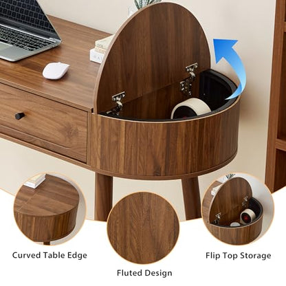 59" Wood Writing Desk, Laptop Desk with Drawer, Vanity Table Study Desk | Mid-Century Writing Desk, Walnut Laptop Desk with 2 Flip Storage and Drawers, 150 CM Elegant Fluted Desk for Office, Bedroom - color: Walnut-59 Inch