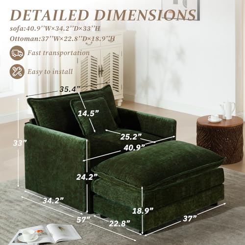 Comfy Chenille Modular Single Sofa with Ottoman, 1Seat+1Ottoman,Green | Randomly Assemble Modular Sofa Sets, Modern Recliner Deep Seat Sofa Set for Living Room,Office - color: Green, size: 1S+1O