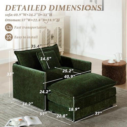 Comfy Chenille Modular Single Sofa with Ottoman, 1Seat+1Ottoman,Green | Randomly Assemble Modular Sofa Sets, Modern Recliner Deep Seat Sofa Set for Living Room,Office - color: Green, size: 1S+1O