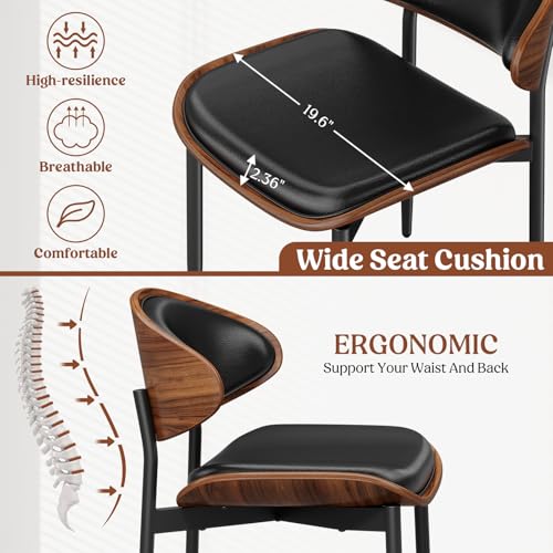 Dining Chairs Set of 2, Mid-Century Modern Upholstered PU Leather Chairs | with Walnut Bentwood Back and Metal Legs Adjustable Feet for Kitchen Dining Room, Black PU - color: Black Pu