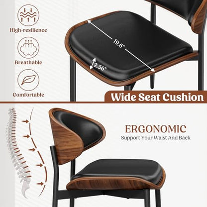 Dining Chairs Set of 2, Mid-Century Modern Upholstered PU Leather Chairs | with Walnut Bentwood Back and Metal Legs Adjustable Feet for Kitchen Dining Room, Black PU - color: Black Pu