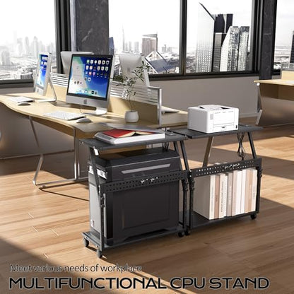 24In Large PC Stand, 5 Levels Height Adjustable Computer Tower Stand with Charging Station, Wheels and Hooks, CPU Holder Cart for Floor, Carpet and Under Desk, Easy Assembly（with Power Strips） - color: Black with Outlet
