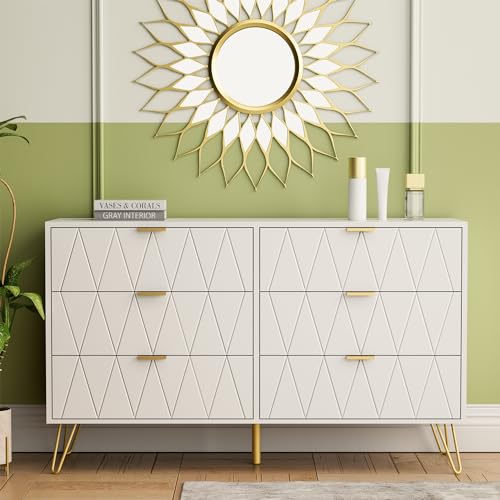 Anbuy White 6 Drawer Dresser for Bedroom Large, Double Dresser with Wide Drawers and Gold Handles, Chest of Drawers - color: White, size: 13.4"D x 47.54"W x 28.73"H(6 Drawers)