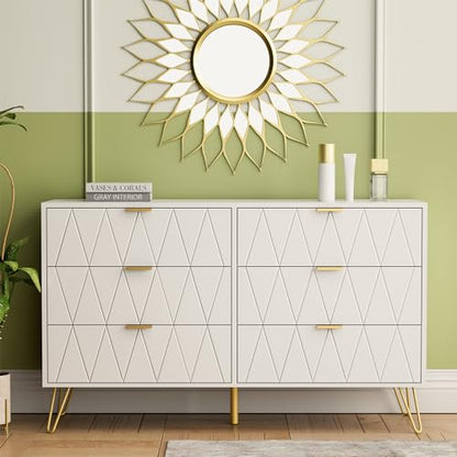 Anbuy White 6 Drawer Dresser for Bedroom Large, Double Dresser with Wide Drawers and Gold Handles, Chest of Drawers - color: White, size: 13.4"D x 47.54"W x 28.73"H(6 Drawers)