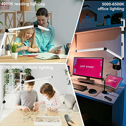LED Desk Lamp for Home Office, Architect Clamp Desk Lamp with Remote Control, Adjustable Dimmable Swing Arm Clamp on Table Light Clip-on Dual Light 5 Brightness Levels & 4 CCT Modes - color: White+Remote