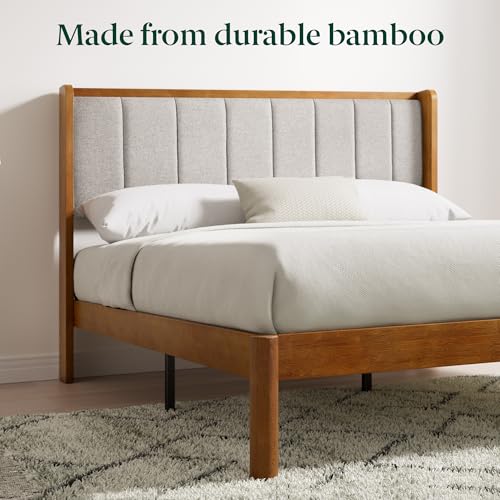 Zinus Jonas Bamboo Platform Bed Frame, Wingback Headboard, King | Mid-Century Modern Design, Plush Upholstered Comfort, Sustainable Bamboo, Fits Any Bedroom Style, No Box Spring Needed - size: King