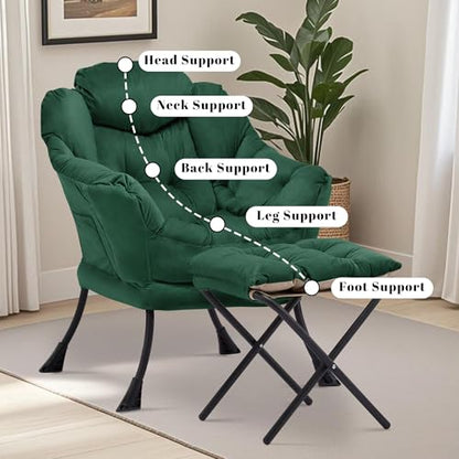Lazy Chair with Ottoman, Comfy Reading Chair, Emerald Green | Cushioned Seat with Foldable Ottoman and Side Pocket, Lounge Chair for Bedroom, Living Room, Dorm and Small Spaces - color: Emerald Green