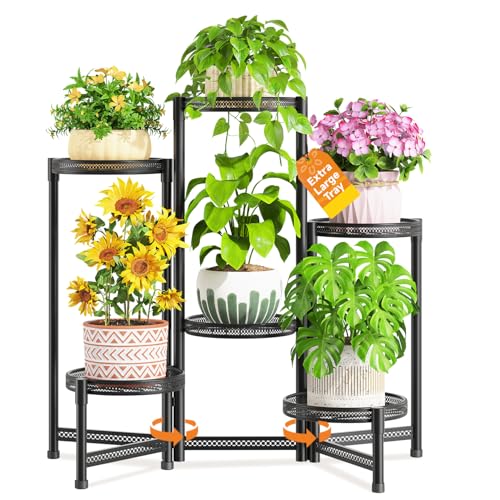 LASZOLA Plant Stand Indoor Outdoor Tall with 10 Inch Larger Tray, Black | 5 Tier Heavy Duty Metal Adjustable Multiple Flower Rack for Corner, Wrought Iron Holder Shelf for Modern House Patio - color: Satin Black, size: 6 Tier