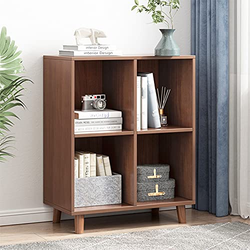 IOTXY Open Cubes Low Bookcase - 2-Tier 4-Cube Short Bookshelf in Walnut | Nordic Minimalist Style, MDF Material, Solid Wood Legs, Deep Storage Cubes, Free Standing Wooden Cabinet Organizer Unit - color: Walnut, size: 2-Tier 4-Cubes