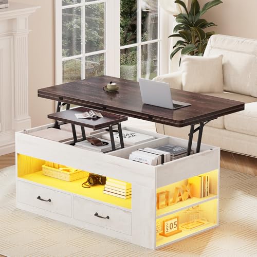 Itaar Lift Top Coffee Table, 4 in 1 Coffee Tables with Storage and Hidden Compartment, Farmhouse Coffee Table with 2 Fabric Drawers & LED Light for Living Room, White - color: White
