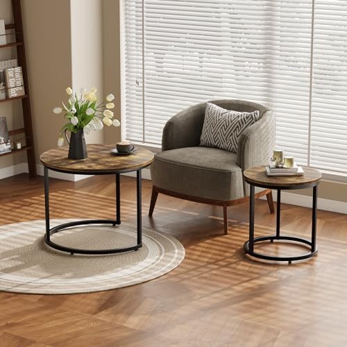 Smuxee Nesting Coffee Table Set of 2, 23.6" Round Coffee Table Rustic Wood Top with Adjustable Non-Slip Feet, Industrial End Table Side Tables for Living Room Bedroom Balcony Yard - color: Rustic Brown, size: 23.6"W