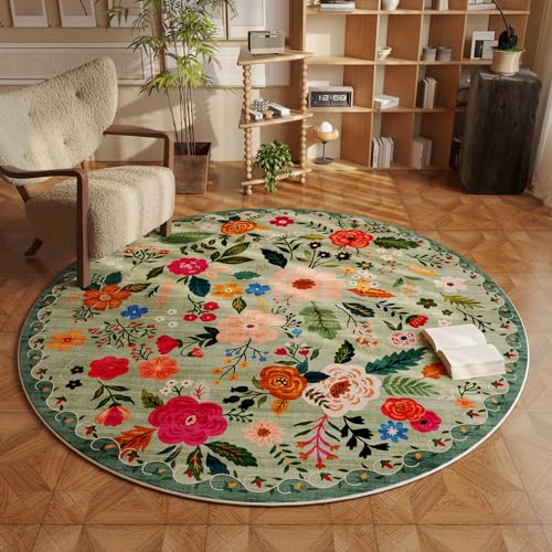 Rugcomf Round Rug 4ft Washable Circle Rug Non Slip Low Pile Boho Floral Small Circular Rug for Bedroom, Bathroom, Entryway, Kids Room, Office, College Dorm(Green) - color: Green, size: 4' (Round)